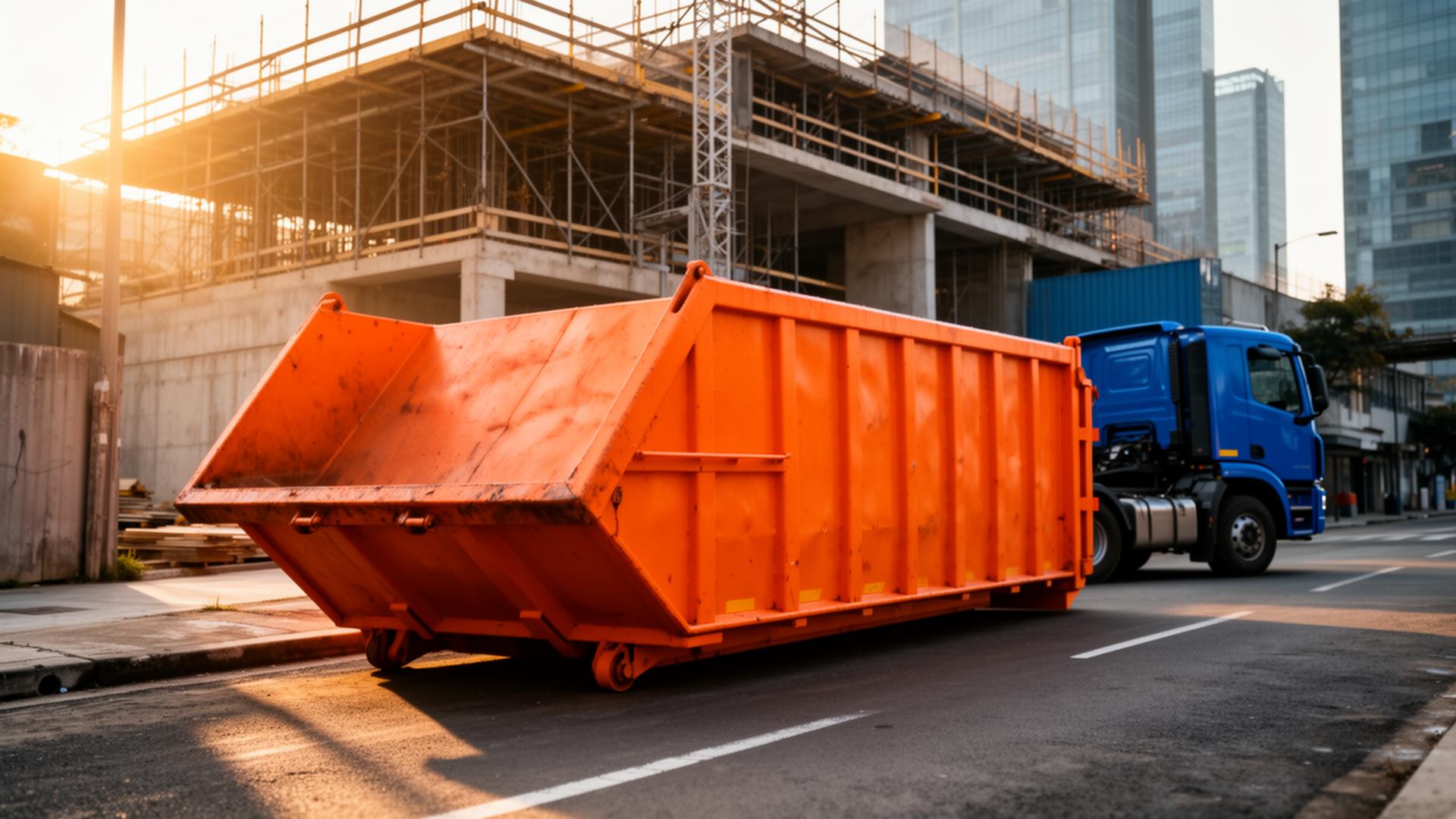 Caçamba laranja em obra de construção civil